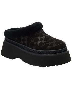 Coach Black Platform Shearling-Trim Logo Clog Mule